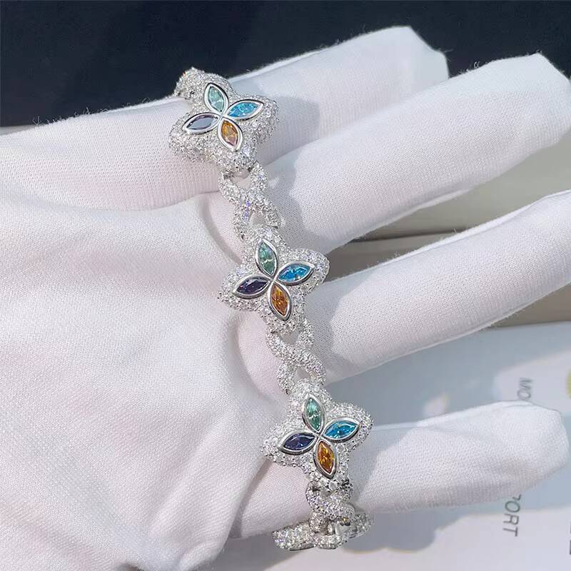 12mm Fancy Colors Moissanite Bracelet Fashion Eye Clover Design 925 Silver Diamond Hip Hop Style for Women Men Fine Jewelry