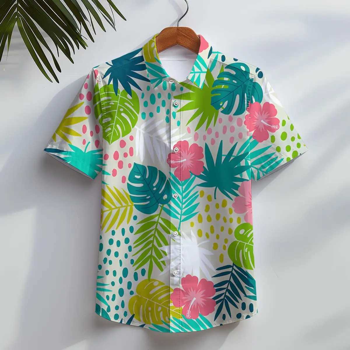 Hawaiian mens beach casual short sleeved button down jacket tropical leaf flower 3D printed summer vacation clothing X250410