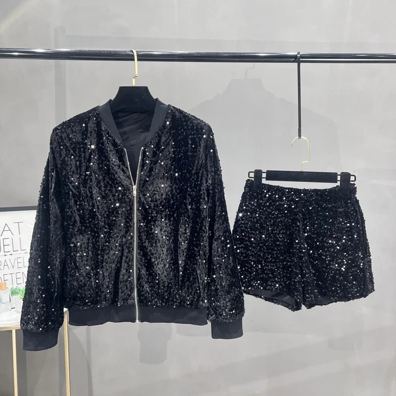 High quality sequin jacket womens jacket zipper top baseball uniform casual version thin two-piece womens fashion 250409