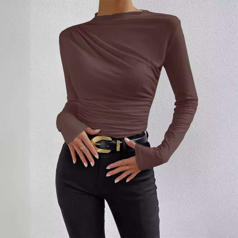 Half High Collar 2024 European and American Solid Color Slim Fit Base Shirt Versatile Ruched Design Long Sleeve T-Shirt Women's Top