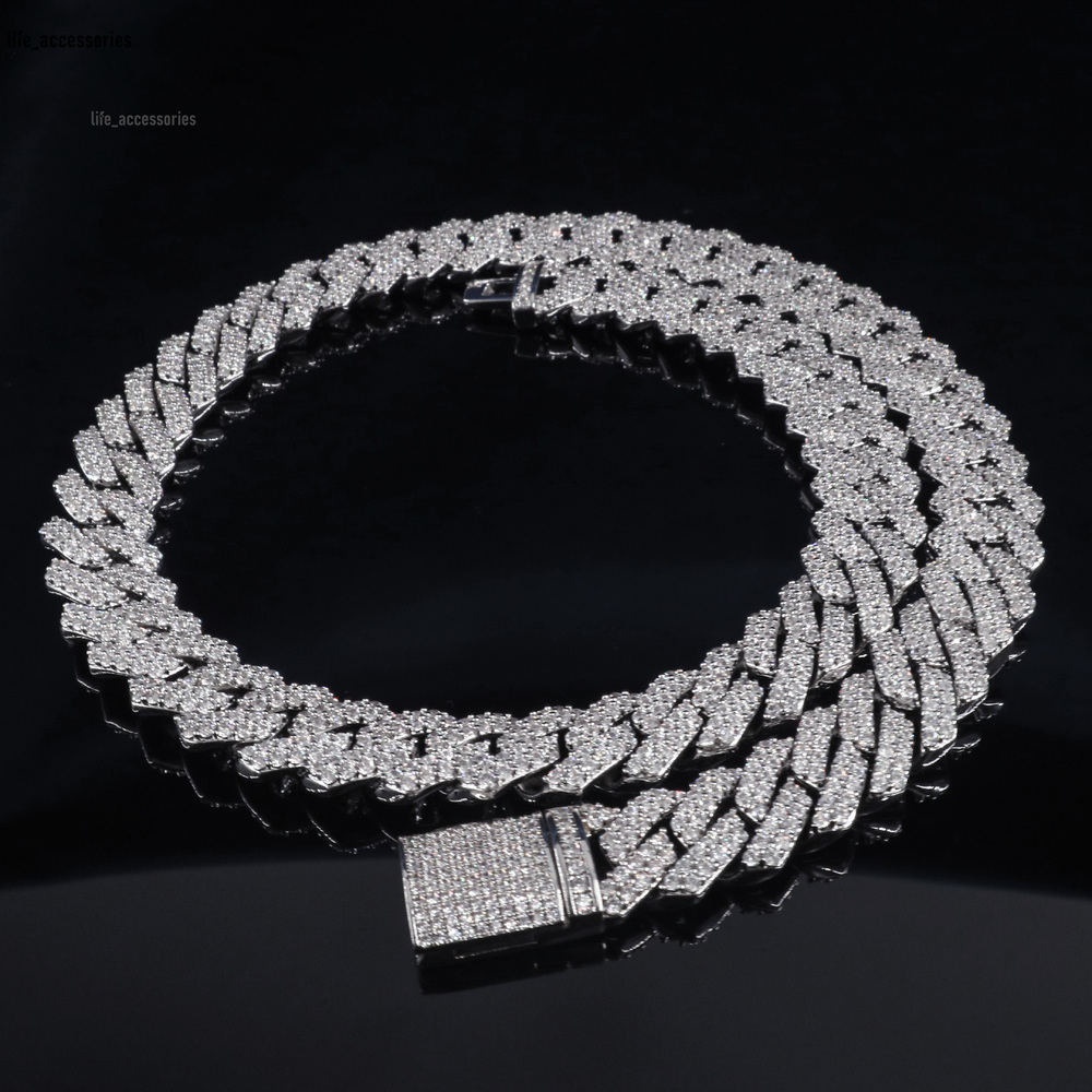 Hiphop Cuban Chain 2 Rows Iced Out Custom Straight Edge S925 Sterling Vvs Moissanite Cuban Link Chain