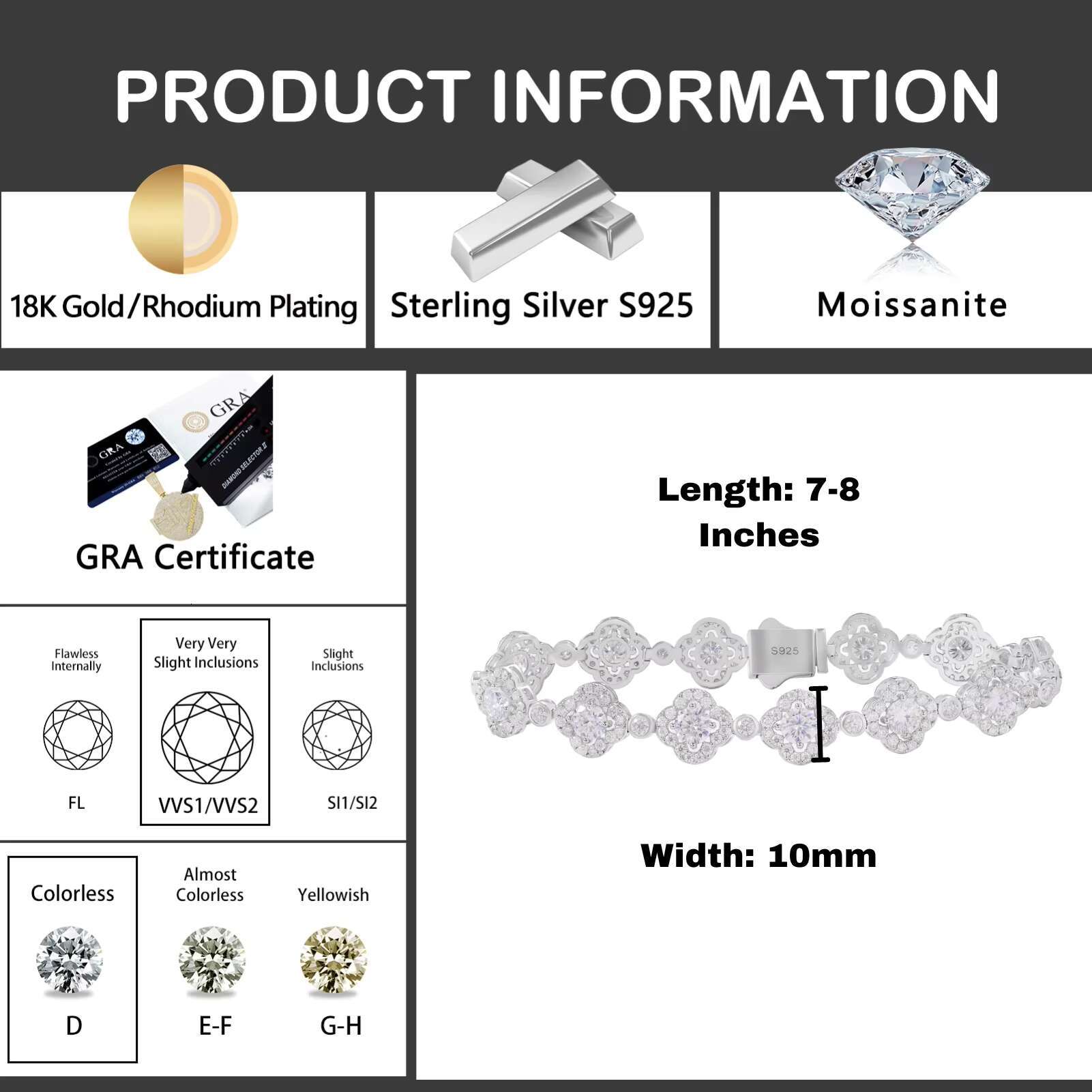 Factory Wholesale Waterproof 925 Silver VVS D Moissanite Diamond Four Leaf Tennis Bracelet Unisex Wedding/Party Hip Hop Jewelry