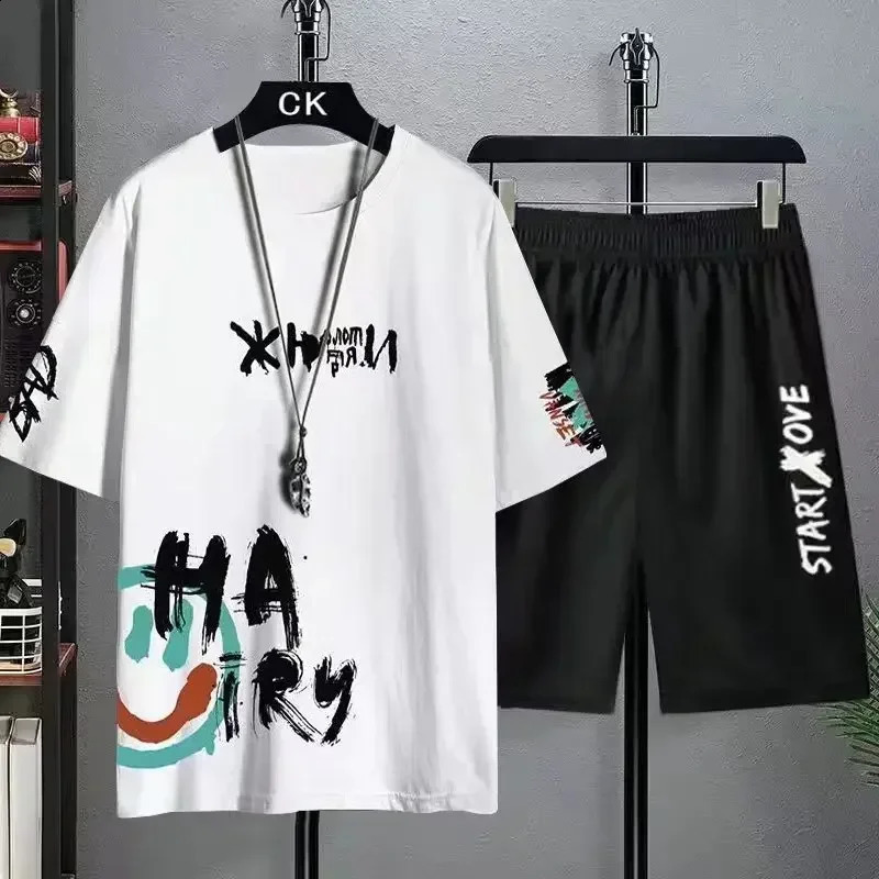 Set for Men T shirt Mens Summer Leisure Suit Trend Printing Short Sleeve T-shirt Plus Size Shorts Outdoor Two-piece Suit 250407
