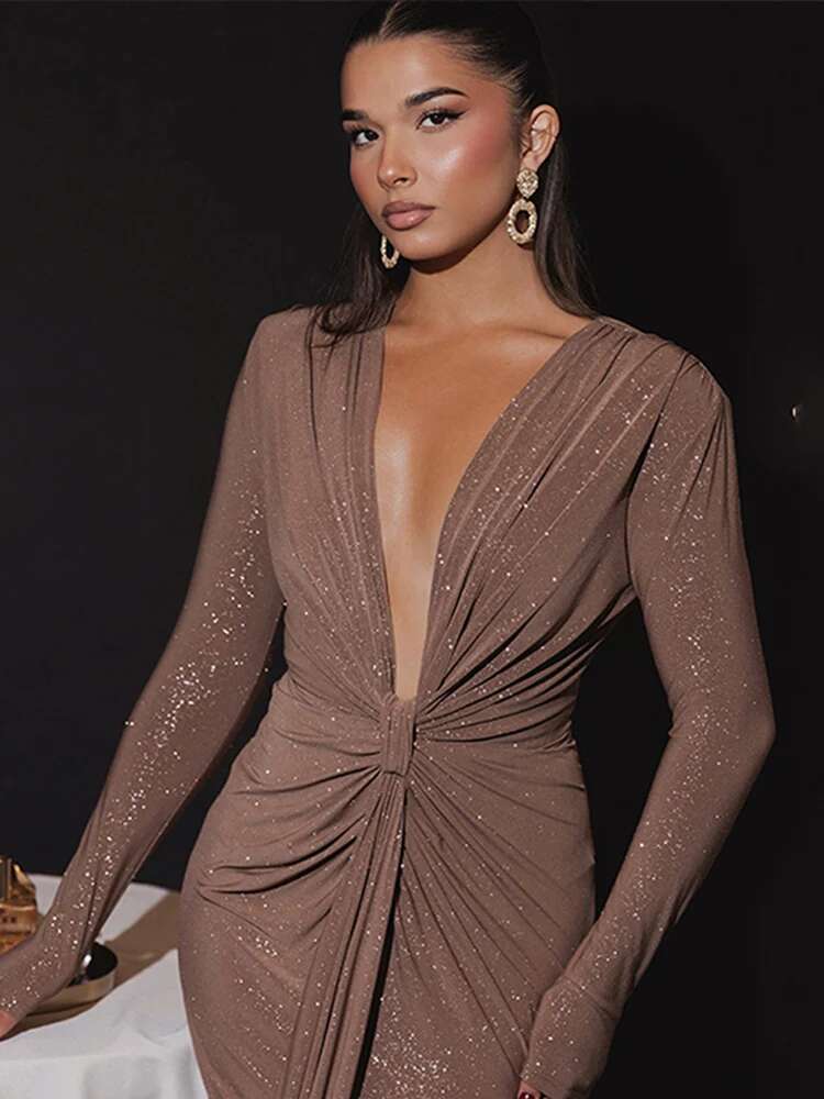 Streamer Glitter Long Dresses Deep V Ribbon Split Women Sparkle Dress Sexy Slim Fit Socialite Elegant Club Evening Gown Robes
