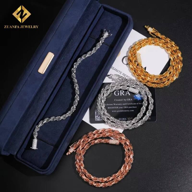 Fashion Hip Hop Style 6mm Rope Chain 925 Sterling Silver VVS1 Moissanite Cuban Link Chain Necklace Pass Diamond Tester with GRA