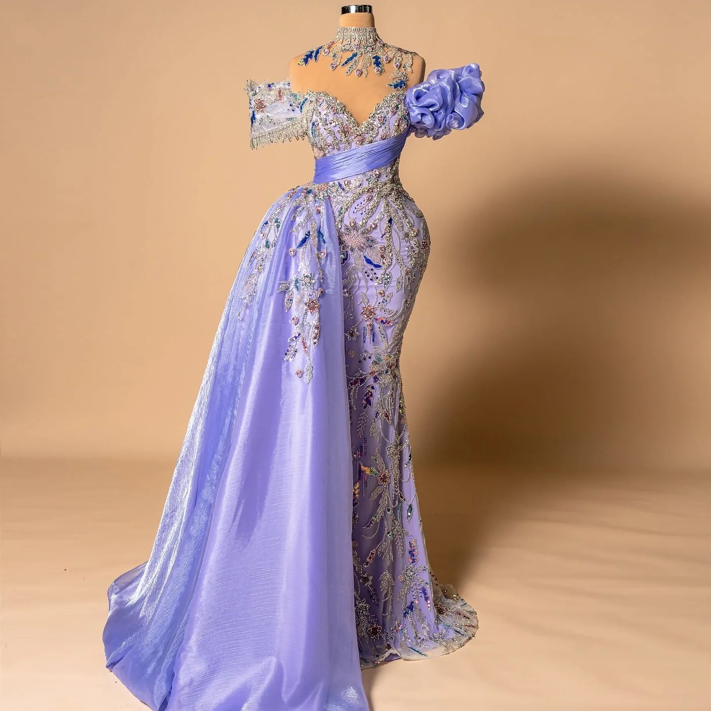 Gorgeous Evening Dresses For Women Crystal Sequins Appliques Gown High Neck Off Shoulder Sweep Train Dress Party Custom Made