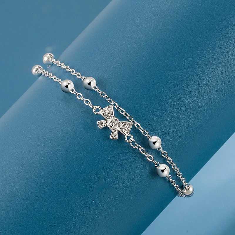 Luxury 925 Sterling Silver Zircon Bow Bracelets For Women Girls Fashion Korean Double Layer Bead Bracelet Party Wedding JewelryT251110