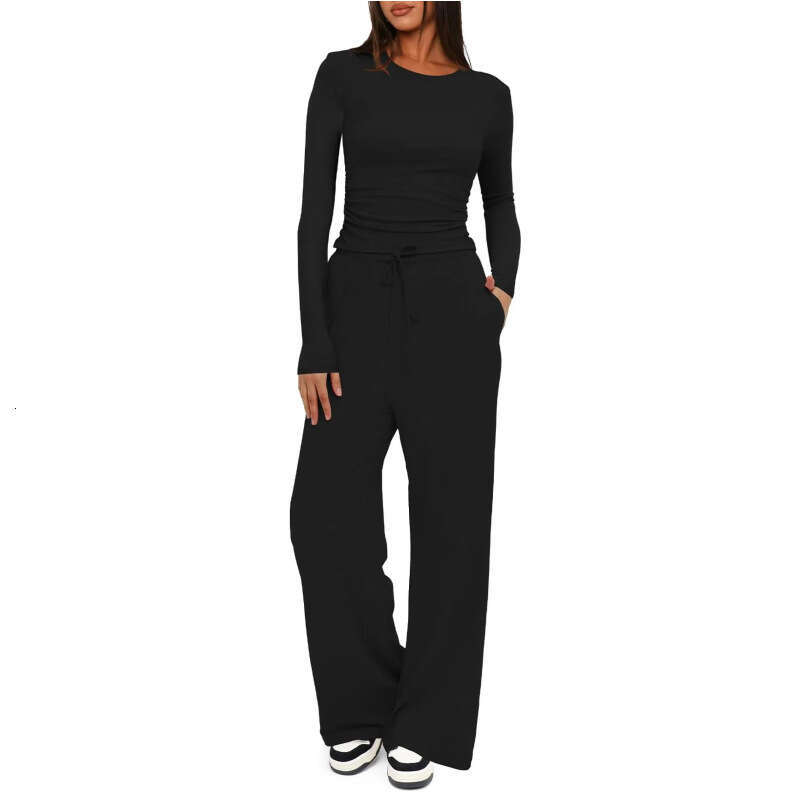 Hot-Selling Kardashian Solid Color Comfortable Wide-Leg Casual Pants Fashion Tie Suit Long Sleeve