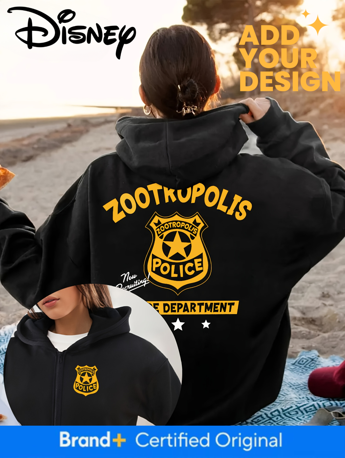 Disney Zootopia Station Badge Hooded Jacket - Women's Zipper Hoodie Zootopia Police Pattern on Front Back, Inspired by Judy Hopps' Theme and