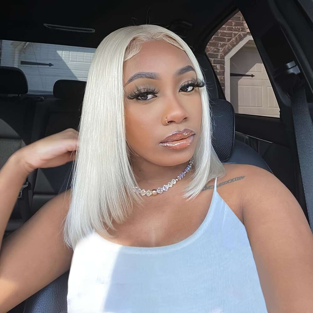 Platinum Ice Blonde Short Bob 100% Human Front Wig Pre Plucked Straight Pixie Cut High Density Elsa White Color Brazilian Remy Hair Lace Frontal Wigs 