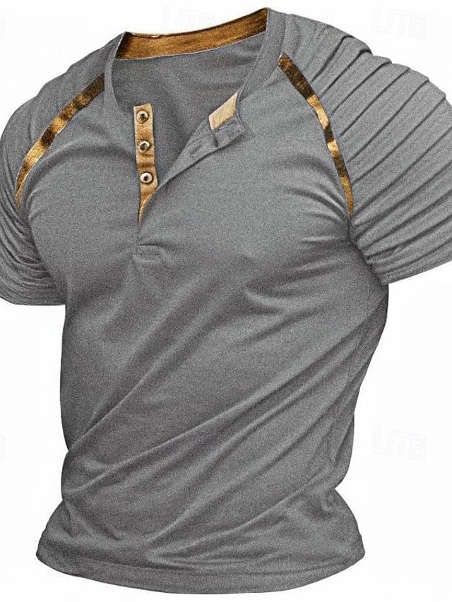 2025 New Summer Mens Sleeves Folded Short Sleeve T-shirt Mens Henry Collar Top