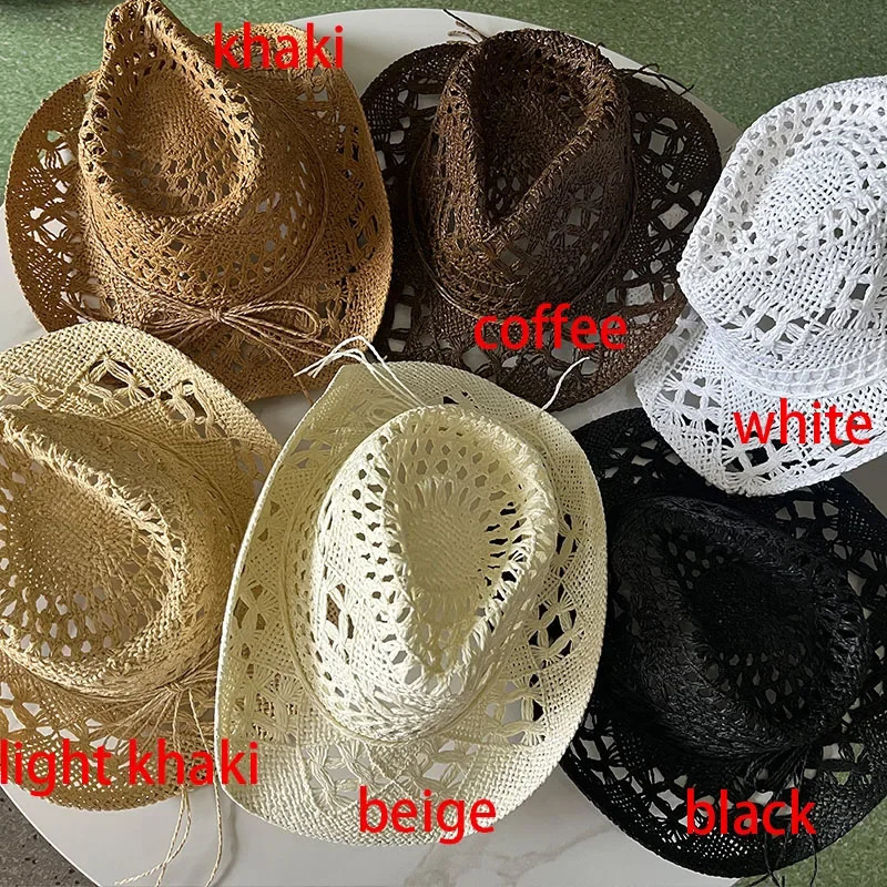 Straw Western Cowboy Hat for Women Men Classic Vintage Hollow Out Unisex Curled Wide Brim Sun Hat Fishing Hat Climbing Cap 250409