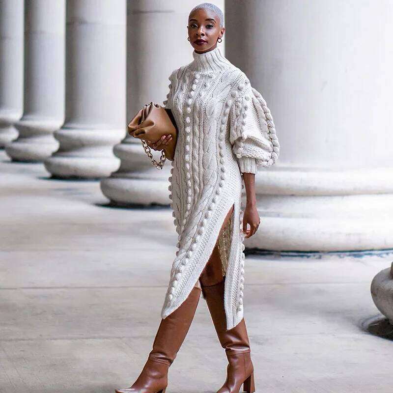 Streetwear Turtleneck Sweater Dress Women Autumn Winter Long Sleeve Elegant Ribbed Knitted Stretchy Warm Party Club Midi Dresses