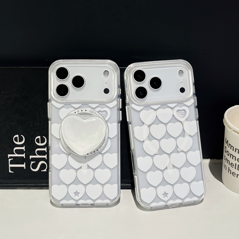 Full Screen White Heart Magnetic Phone Case Compatible with iPhone 17/16 Pro Max Transparent Cartoon iPhone 15/14 Pro