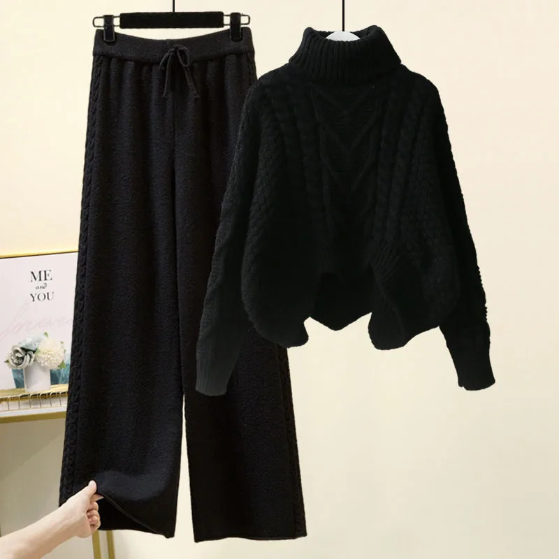 Sweater Suit Women Knitting 2 Piece Sets Pullover Top Jumper Turtleneck Wide Leg Pants Ensemble Winter Thick Knitwear Outfits 251110