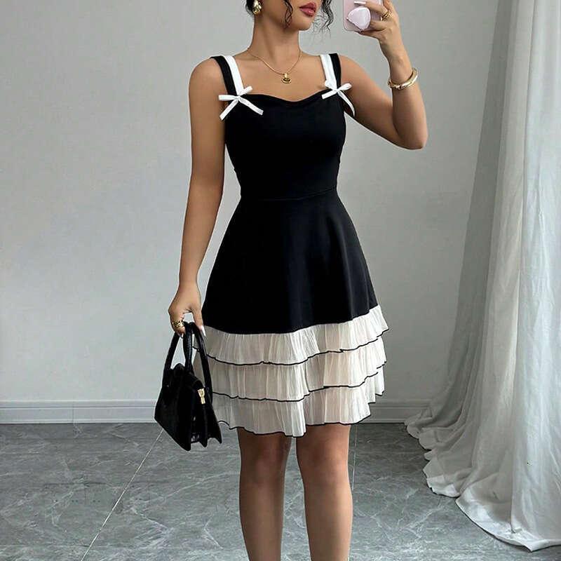 Cross-Border Amazon Foreign Trade Women's Fashion 2025 Summer New European and American Style Strap Color-Block Multi-Layer Cake Dress
