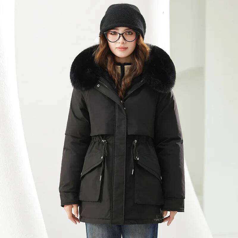Cotton Padded Hooded Detachable Fur Collar Coat Women's Winter Thickened Fleece Lined Snow Parka Loose Warmer Long Jacket Female