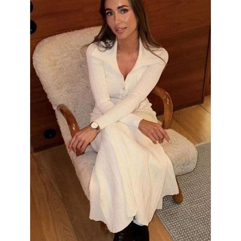 Knitted Hip Wrap Long Dresses Elegant Threaded Lapel Deep V Knitwear Dress Fashion Waist Cinching Slimming Spring Autumn Robes