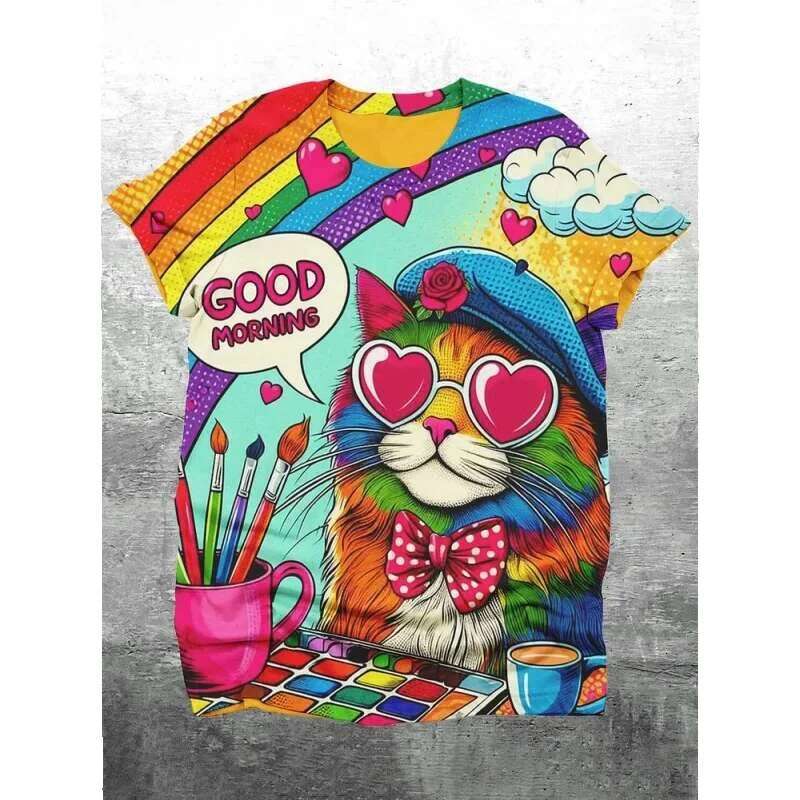 Interesting cat 3D printed T-shirt for men, interesting dinosaur pattern T-shirt, fashionable new casual oversized round neck men's clothing