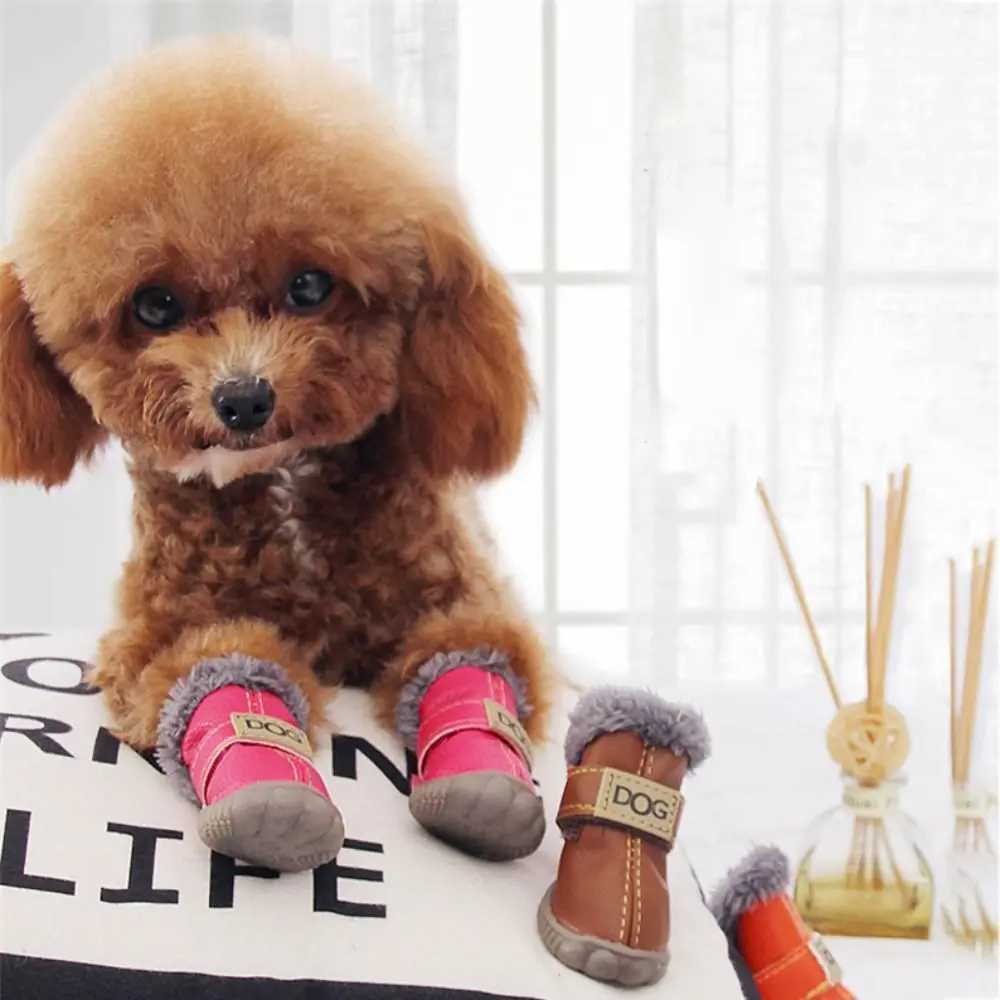 Dog rain boots warm pet snow boots waterproof and anti slip winter pet shoes soft plush/PU 4-piece/set Chihuahua tile T2504010