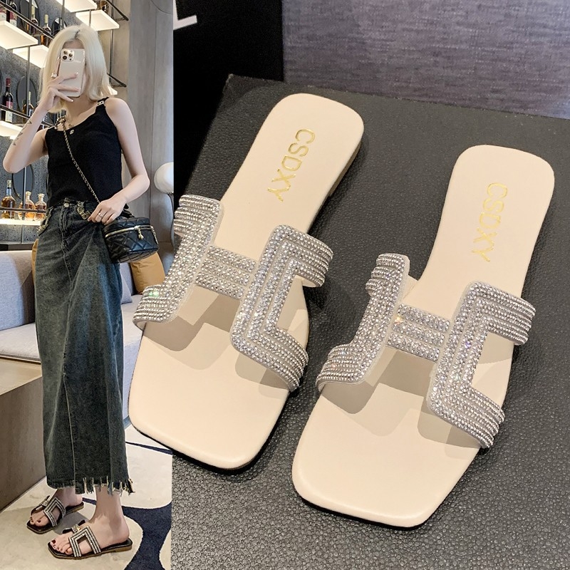 Designer's new fashion rhinestone flat slippers women's summer one-line square head slip-on home slippers black beige khaki