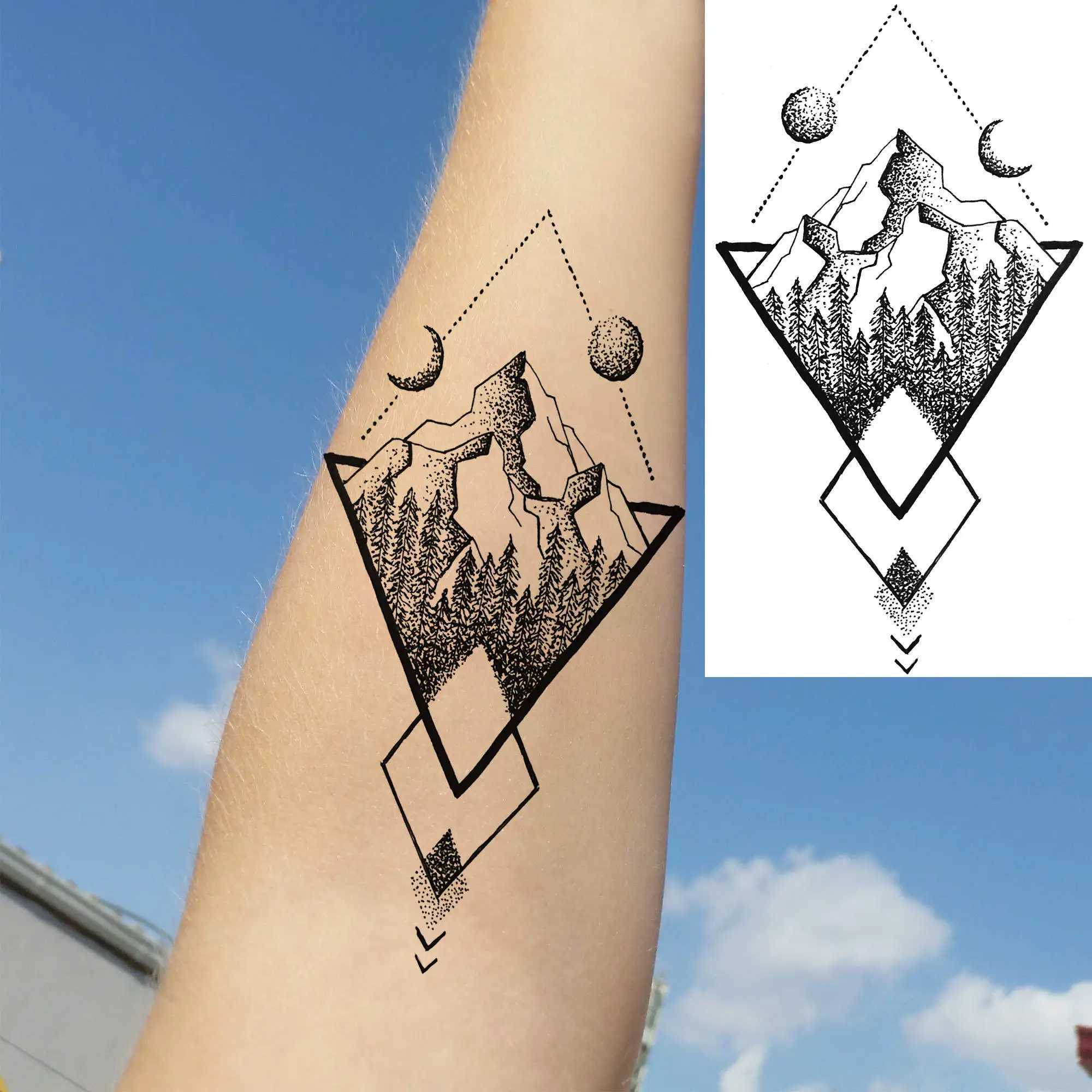 18 temporary tattoos on Mount Geometry suitable for men women adults fake wave tattoo stickers black 3D pine tree tattoos triangles W250410