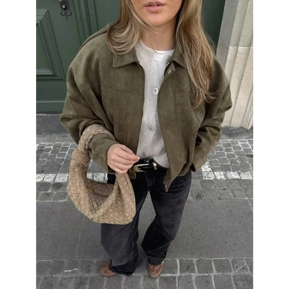 Plus Size SuedeLike Jacket Highquality Vintage Coat with Metal Zipper HighStreet for Fall Winter Retro Outerwear 251110