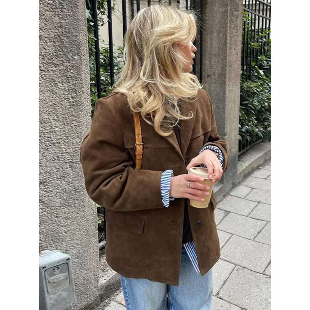 Boyfriend Brown Coat For Women Spring Turndown Collar Long Sleeve Female Jacket 2025 Fashion Loose Single-Breasted Lady Coats