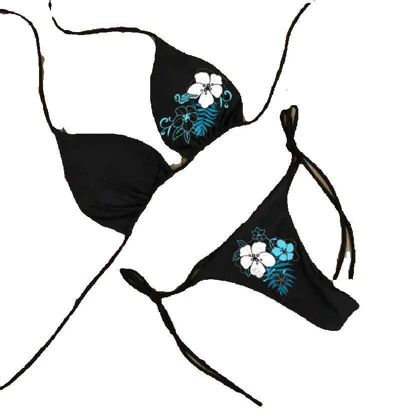 Retro printed women's swimsuit, 2-piece set, bikini, sexy, suspender straps, fashionable, beachwear, commercial street, 2000