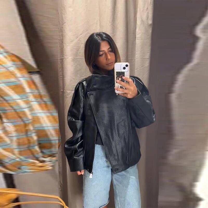 Stand Collar Short Leather Jacket Women Zipper Solid Single Breasted Full Sleeve Lapel Belt Coat 2025 Autumn Lady Chic Outwears dongdumaoyi