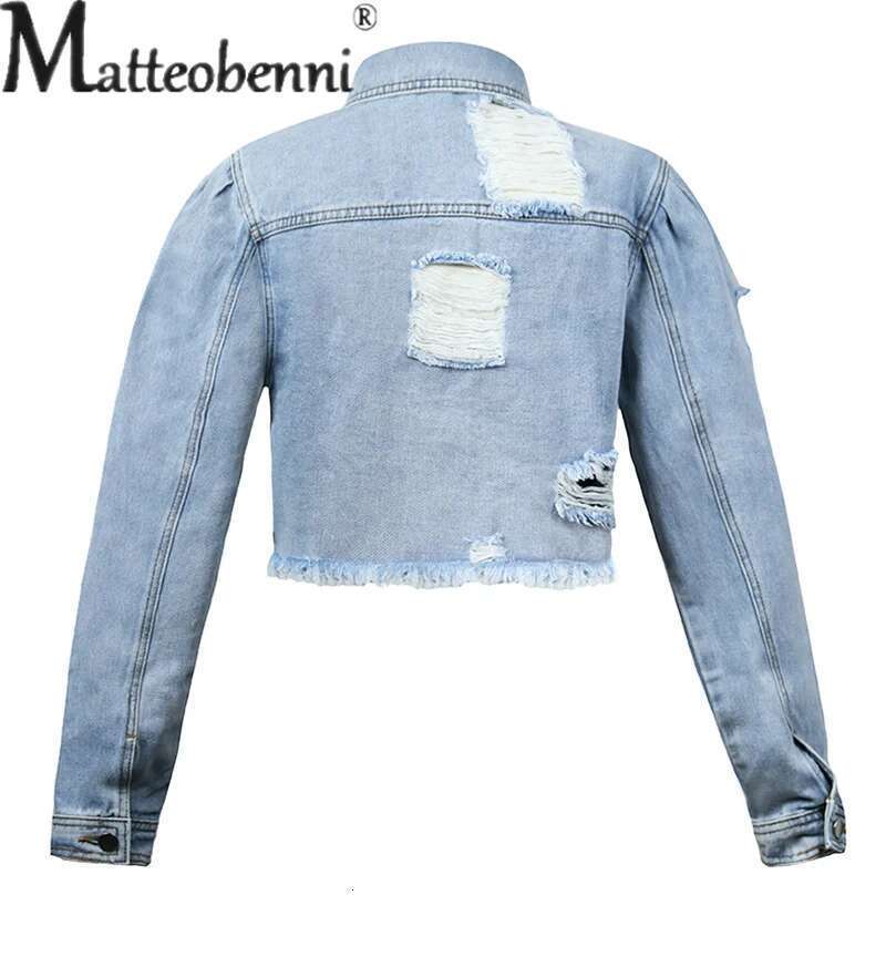 Fashion Broken Holes Long Sleeves Button Splicing Denim Jacket Women's Streetwear Daily Casual Female Lapel Blue Short Coat 2023