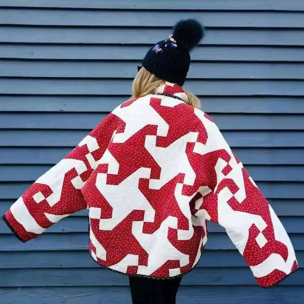 Lapel Printed Colour Blocking Thickened Casual Bohemian Style Cardigan Loose Cotton Jacket Women's