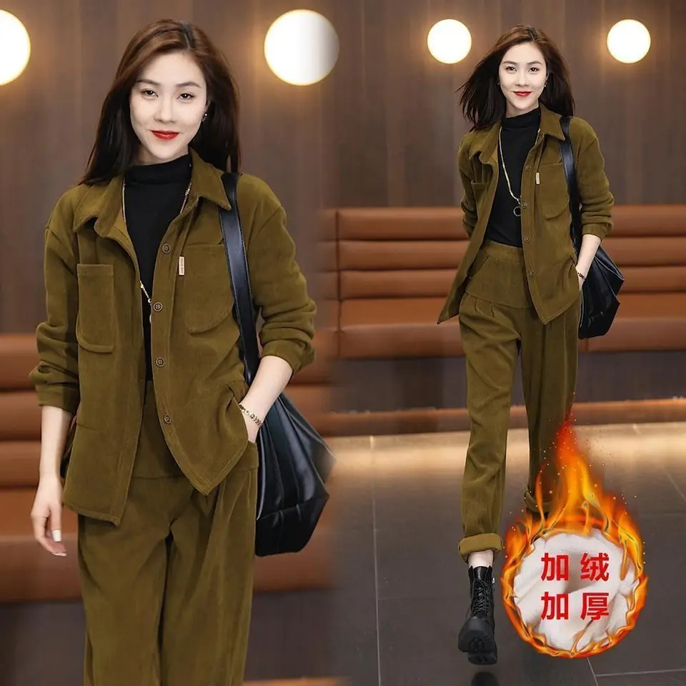 Autumn Winter Womens Corduroy Casual Suit Fashion Add Velvet Short Coat Jacket Elastic Waist Pants 2 Piece Sets Female Outfit 251110