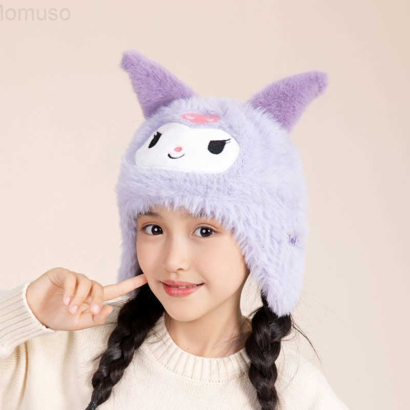 Sanrio Kuromi Plush Hat Autumn Winter Childrens Fleece-Lined Warm Genuine Outdoor Ear Protection Girl Lei Feng Hat H251110