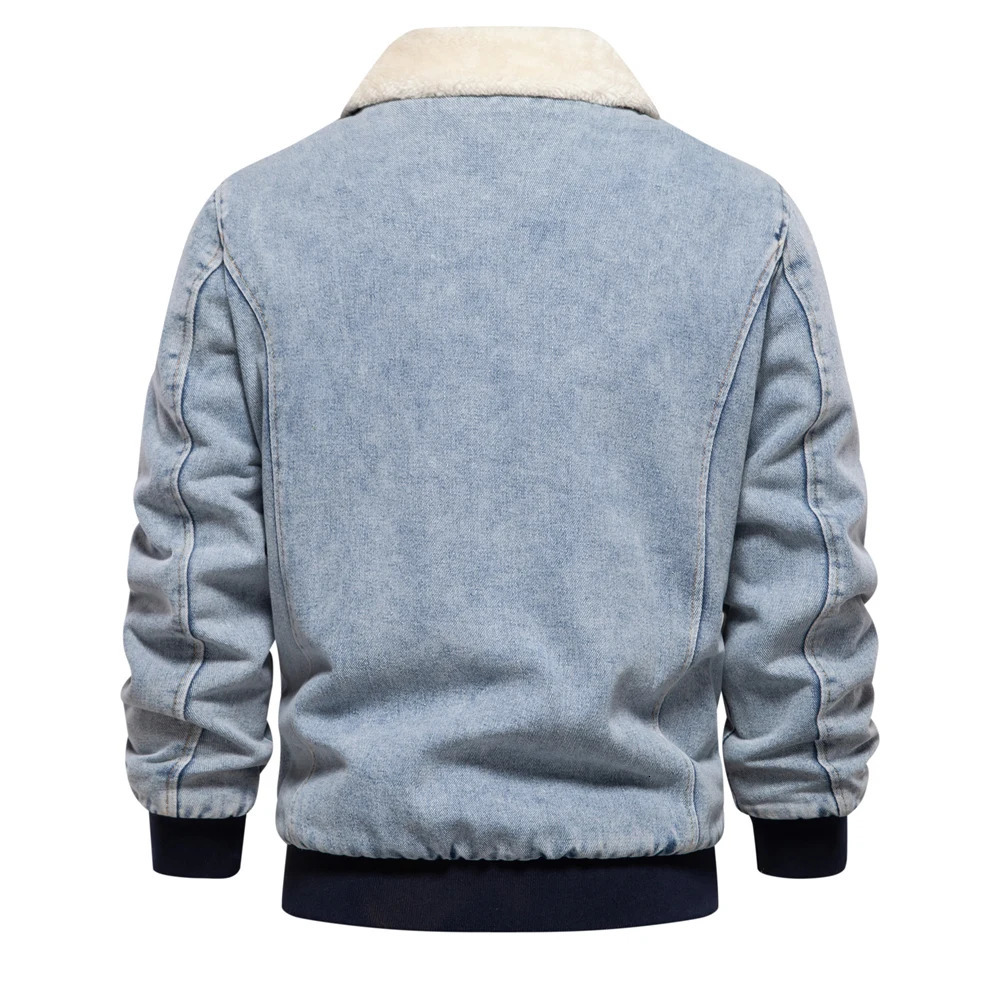 AIOPESON Autumn Mens Winter Fur Collar Jacket Warm Thick Wool Jeans and Coat Casual Fashion Denim 250401