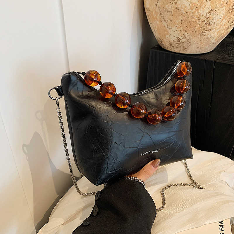 New Chinese Style Beaded Handbag Underarm Bag for Women Summer New Chain Crossbody Bag Fashion Niche Horn Bag