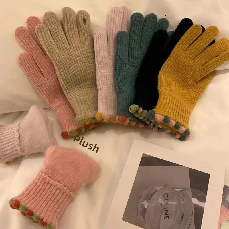 Korean INS-Style Womens Fleece-Lined Knitted Gloves for Winter - Warm Cute Touchscreen-Compatible Suitable for Cycling 251106