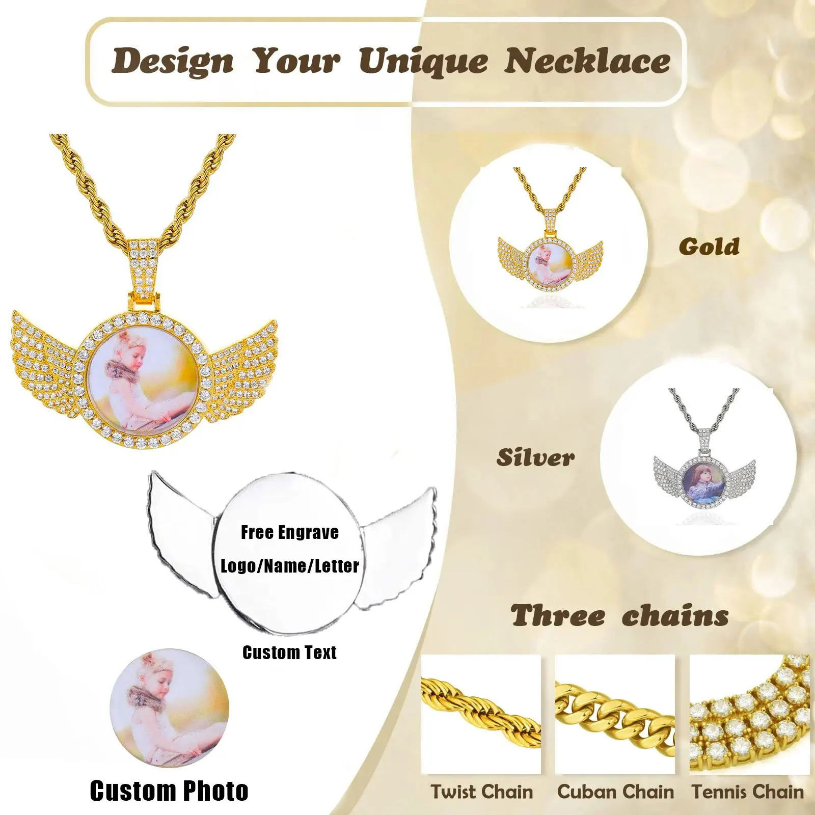 Custom Angel Wing Round Memory Po Necklace Men Women Personalized Jewelry Customized Picture Pendant Charm with Tennis Chain 250409