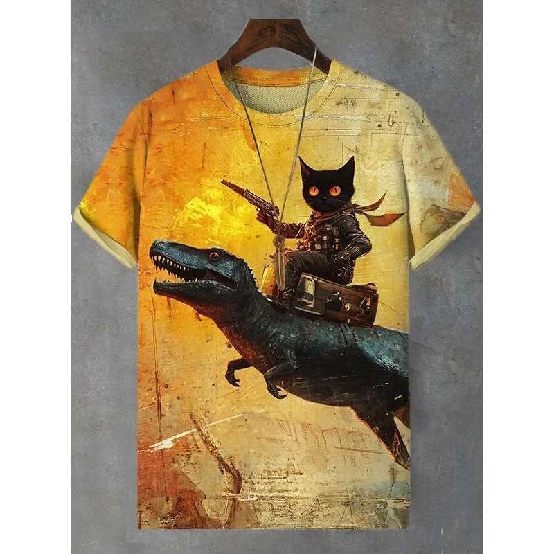 Interesting cat 3D printed T-shirt for men, interesting dinosaur pattern T-shirt, fashionable new casual oversized round neck men's clothing