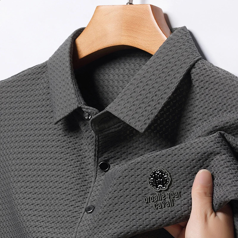 Ice Silk Fashion Embroidery Summer Mens Lop-up Hollow Short-sleeved Polo Shirt Breathable T-Shirt Male Clothes 250407