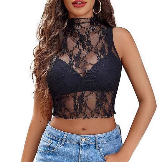 Amazon Cross-Border European and American Style Slim Fit See-Through Lace Pullover Base Shirt Mesh Top