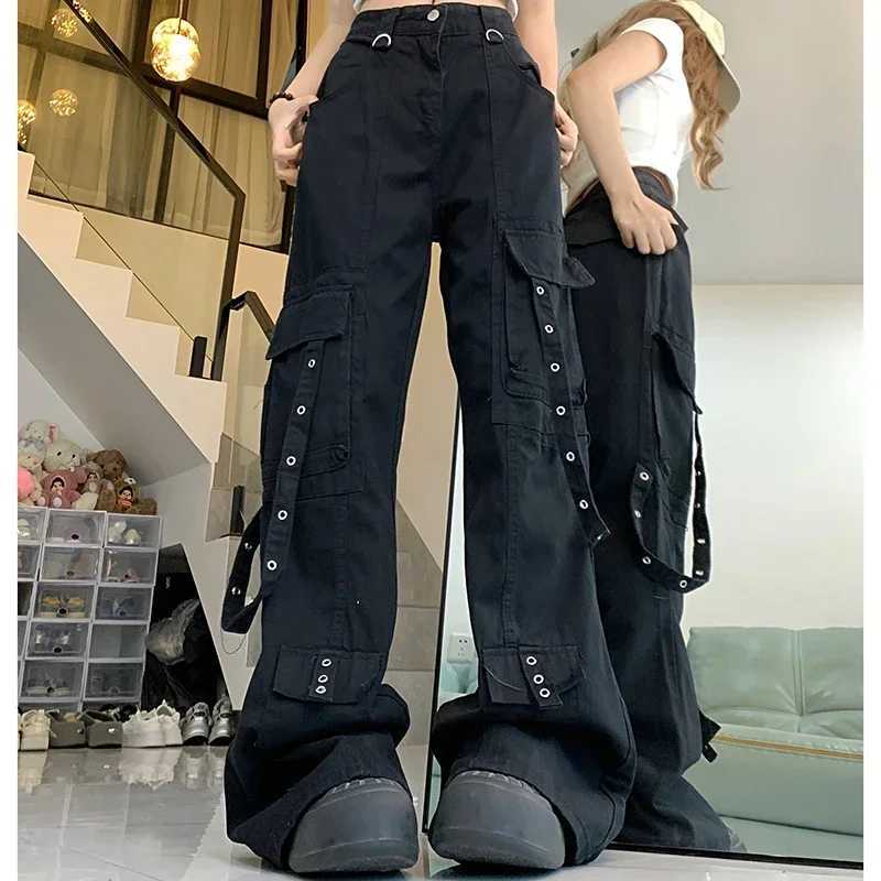 Female Loose Oversized Cargo Pants Woman High Waist American High Street Wide Leg Jeans Lady Black Denim Straight Leg Trousers C251110
