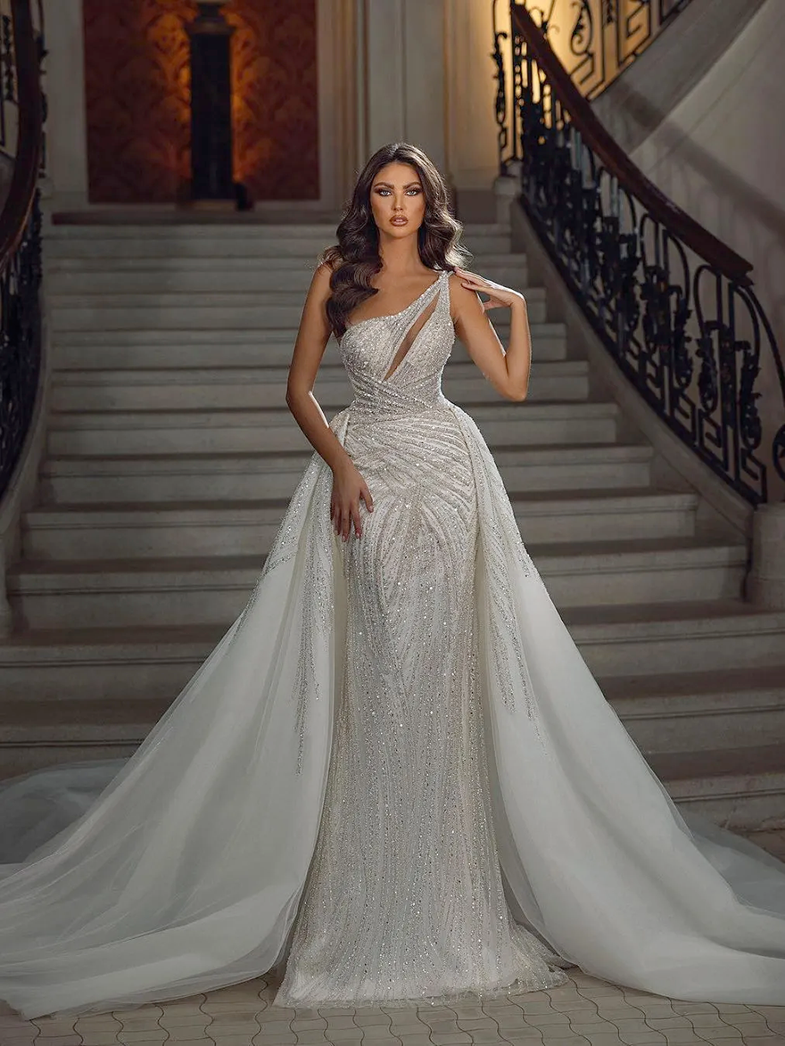 Sparkly Beads Mermaid Wedding Dress Sexy One Shoulder Sequins Saudi Arabic Sweep Train Bridal Gowns