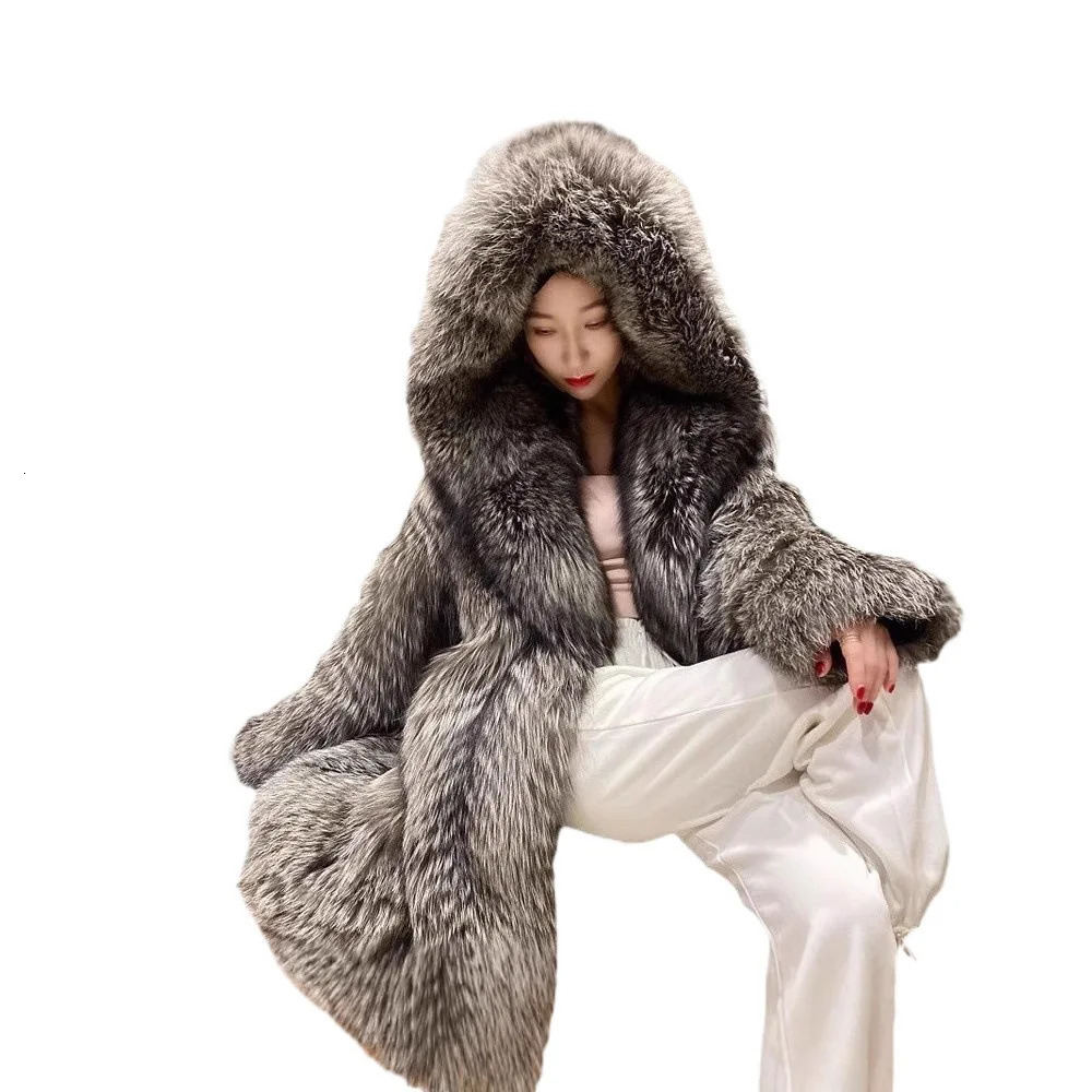 Chic Winter Women Faux Fur Coat Gradient Hooded Thick Long Fox Jacket For Female Highstreet Lady Artificial 251110