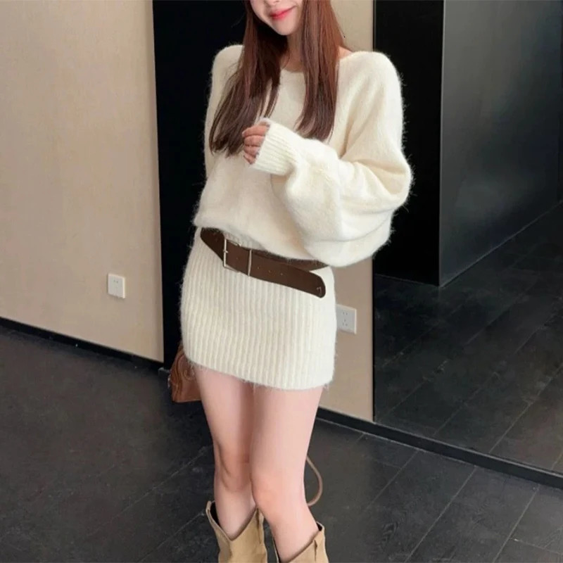 French Sexy Off Shoulder Dresses Women with Belt Irregular Long Sleeve Knitted Dress Autumn Fashion Waist Spicy Girl 251110