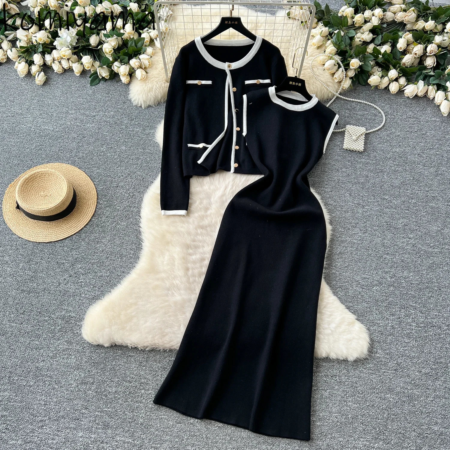 Small Fragrance Woman Sets Hit Color Oneck Long Sleeve Cardigan Sleeveless Tank Dress Spring Autumn Knitted Suit 251110