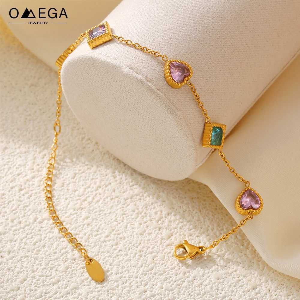 Colorful Square And Heart Zircon Bracelet For Women 18K Gold Plated No Tarnish Charm Womens Stainless Steel Braccelets JewelryT251110