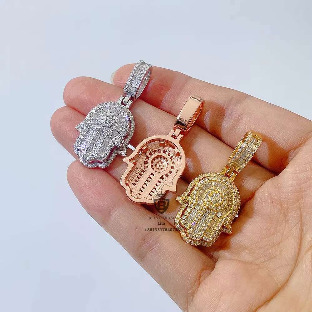 Wholesale Factory Directly Sticking Out One Layer baguette Moissanite Hamsa Hand 925 Silver Pendant
