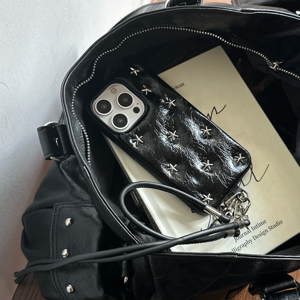 Black Oil Wax Leather Pentagram Rivet Phone Case Compatible with iPhone 17/16 Simple Anti-drop iPhone 15/14 Pro Niche