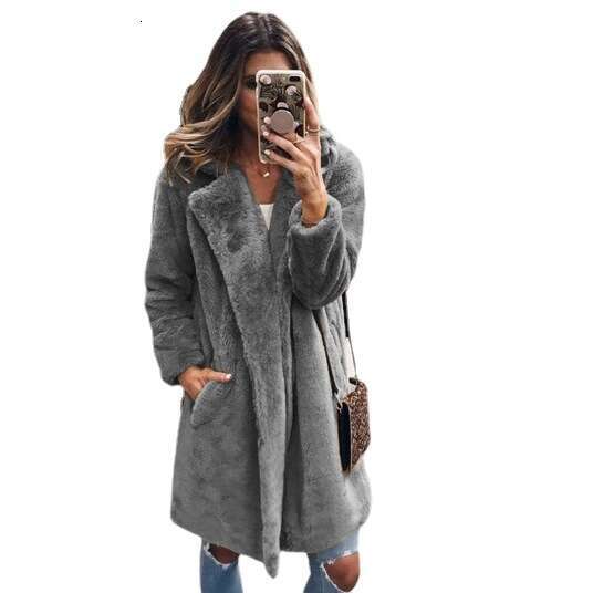 Autumn Winter Women's Mid-Length Suit Collar Faux Fur Coat Genuine Leather Luxury Style
